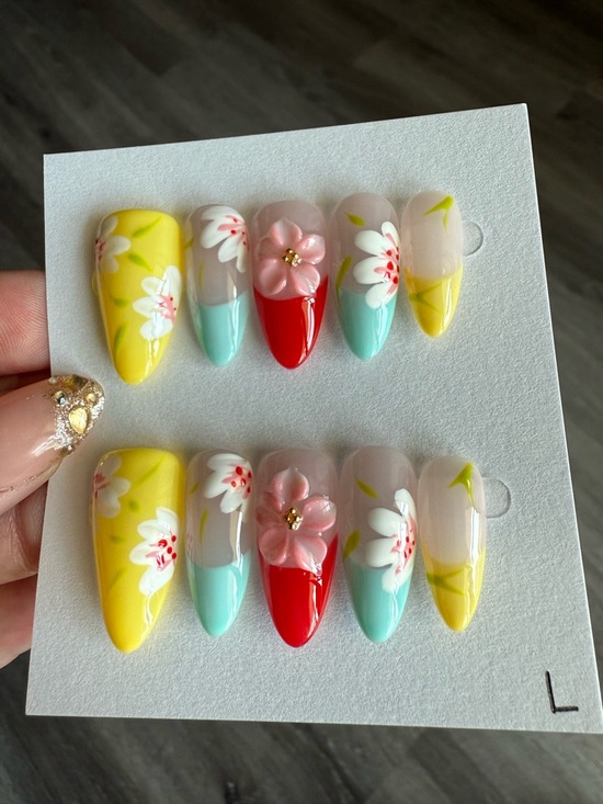 Floral Hand-Painted Press-On Nails - Yellow, Teal, Red, Pink - Picture 3 of 3